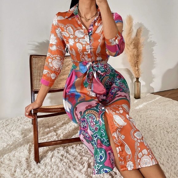 . Dresses & Skirts - Multicolor Boho Womens Color-block Paisley Print Belted Shirt Dress